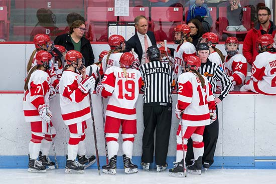 BU women's hockey team in huddle