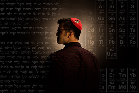 science vs religion themed graphic image showing a boston university student contemplating conflicting tenets of science and faith