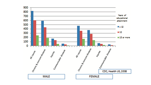 Figure illustrating death rates grouped by sex and educational attainment