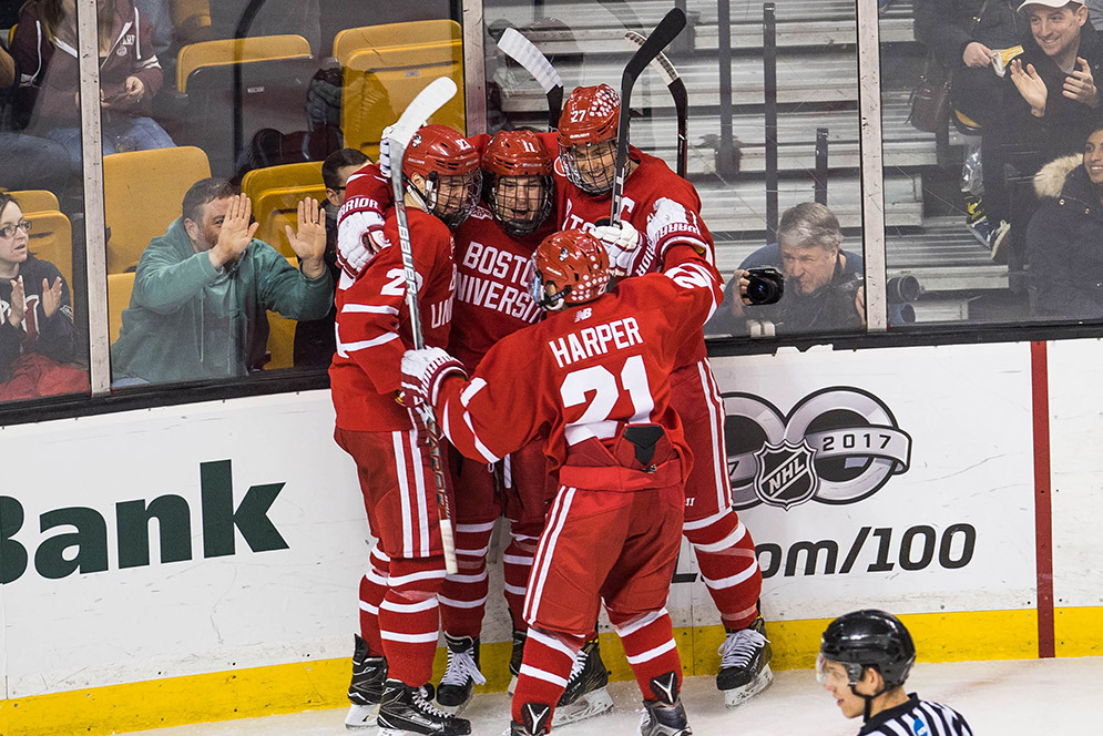 BU Men's hockey players celebrating