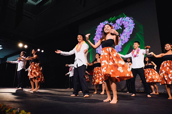 BU's Hawaiian Cultural Association members perform a hula at last year's lu'au.