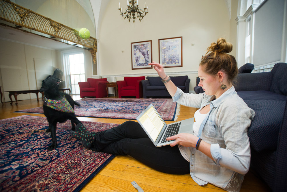 Miltner looking at laptop while tossing ball to Gem