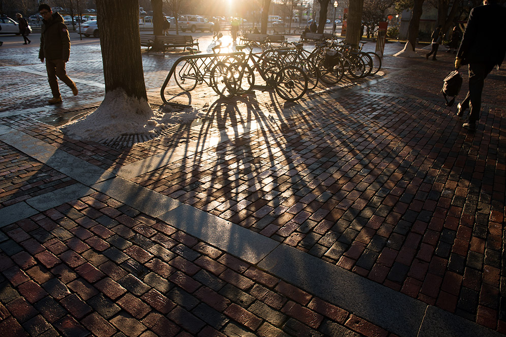 Bikes parked in bike rack outside GSU at sundown