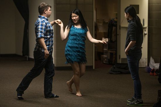 Alan Jankowski (from left), Angel Wu, and Jia Li at a BU Ballroom Dance Club practice in the GSU Alley.