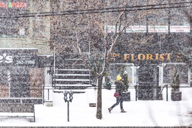 student walking in snow on Comm Ave