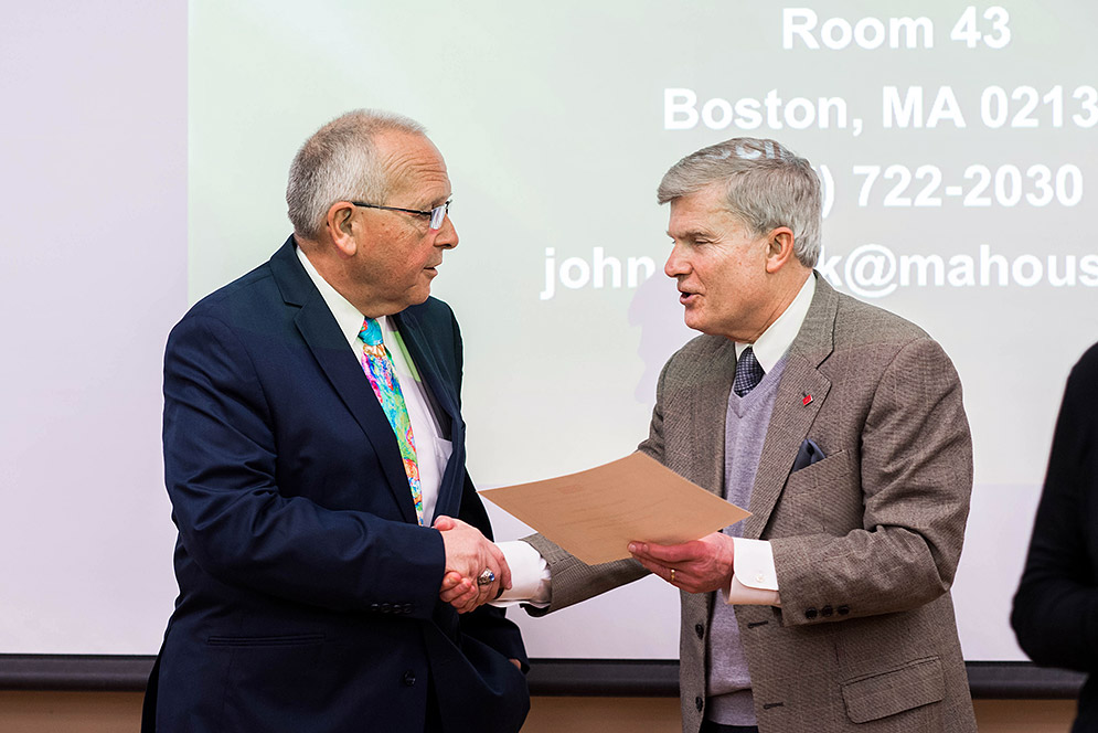Jeffrey W. Hutter presenting certificate to Rep. John Scibak