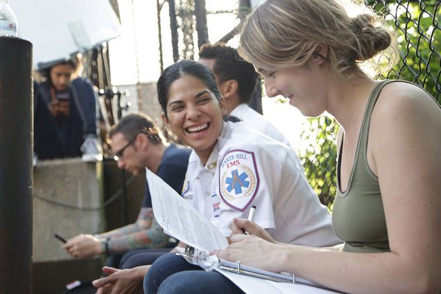 Actor Herlin Navarro (left) and director Emily Sheehan on the set of Borderline.