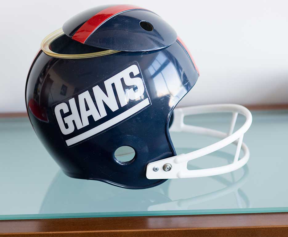 New York Giants football helmet chip dip bowl in the office of Boston University School of Law Dean Maureen O'Rourke