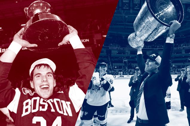 Mike Sullivan with the Beanpot trophy in 1990, and the Stanley Cup trophy.