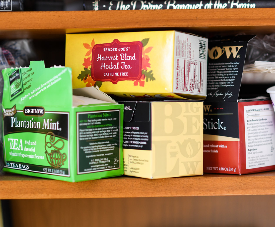 Tea bags in the office of Boston University professor Alice Cronin-Golomb