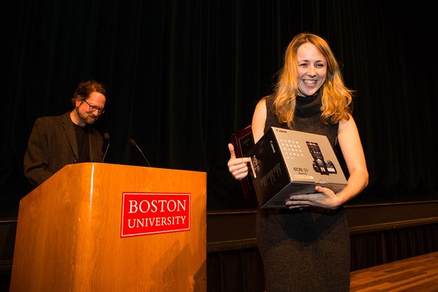 Emily Sheehan won the Redstone Film Festival award for best picture from festival faculty director Geoffrey Poister, a COM associate professor of film and television.