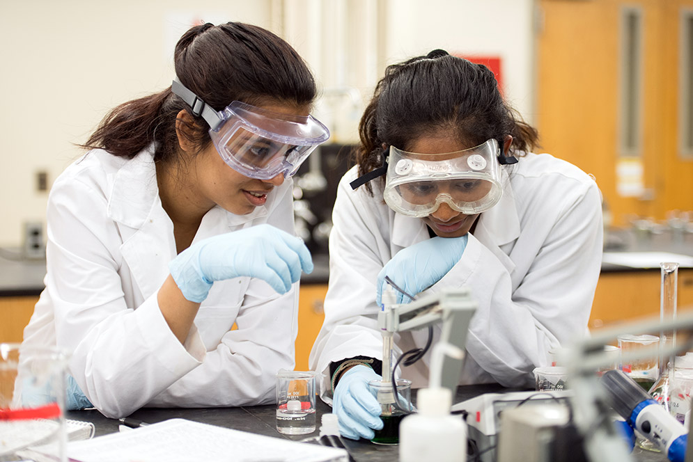 ​Alekha Kolli and Aakansha Singh performing lab experiment