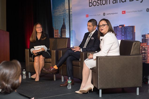 Sue Siegel (from left), CEO of GE Ventures and healthymagination, Sandro Galea, Robert A. Knox Professor and SPH dean, and Monica Valdes Lupi (SPH’99), executive director of the Boston Public Health Commission, at the SPH Dean’s Symposium Building Healthy Cities: Boston and Beyond, on April 5.