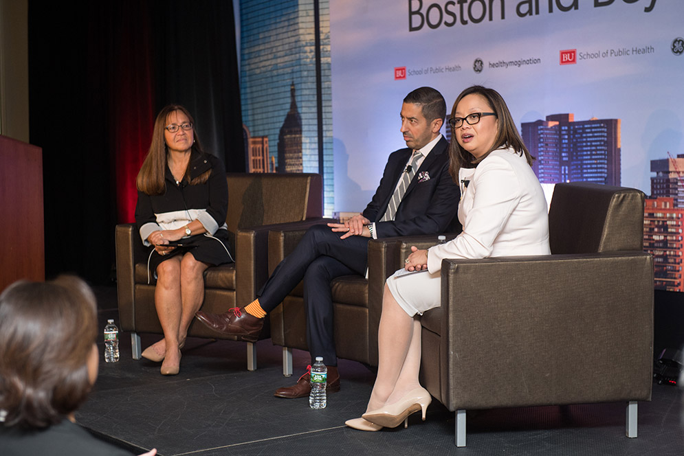 Sue Siegel (from left), CEO of GE Ventures and healthymagination, Sandro Galea, Robert A. Knox Professor and SPH dean, and Monica Valdes Lupi (SPH’99), executive director of the Boston Public Health Commission, at the SPH Dean’s Symposium Building Healthy Cities: Boston and Beyond, on April 5.