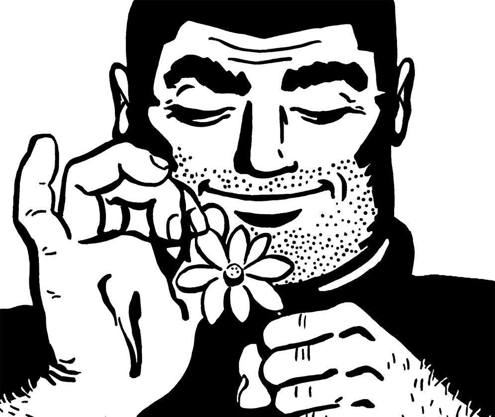 Illustration of a burly man enjoying a flower symbolizing characteristics of masculinity and femininty