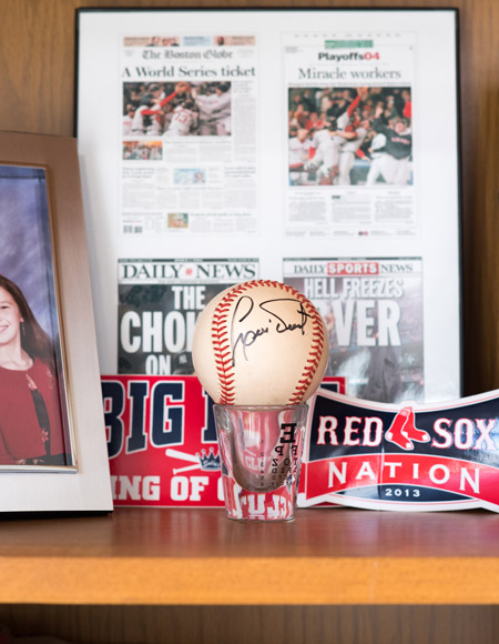 Signed baseball in the office of Boston University professor Alice Cronin-Golomb