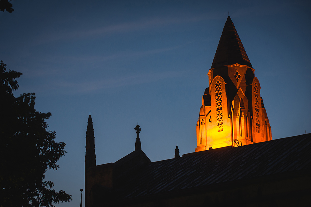 Marsh Chapel at dusk. Photo by Jackie Ricciardi