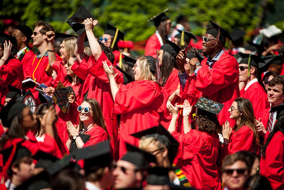 Graduating Seniors of the Class of 2017 cheer during the 2017 BU Commencement