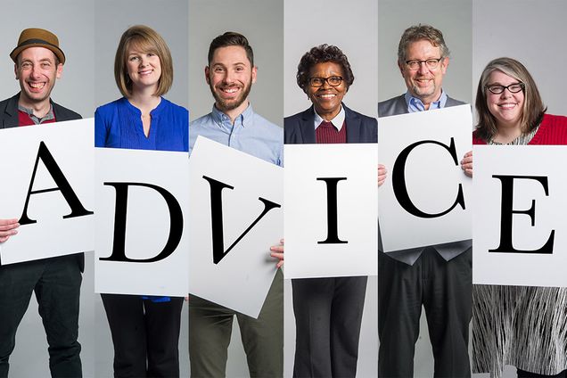 Boston University faculty and staff hold placards with letters spelling ADVICE symbolizing Advice for graduating seniors of the Class of 2017