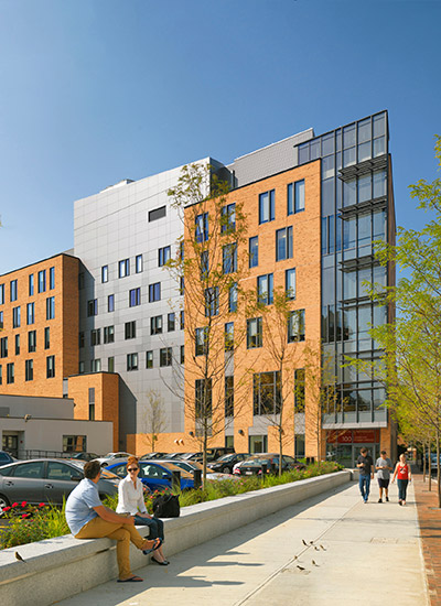 Office moves and renovations can be a chance to reduce building energy use. At Boston University, new buildings (such as the LEED-certified Yawkey Center for Student Services, above) are designed to have energy performance that exceeds code by 20 percent. Photo by Richard Mandelkorn.