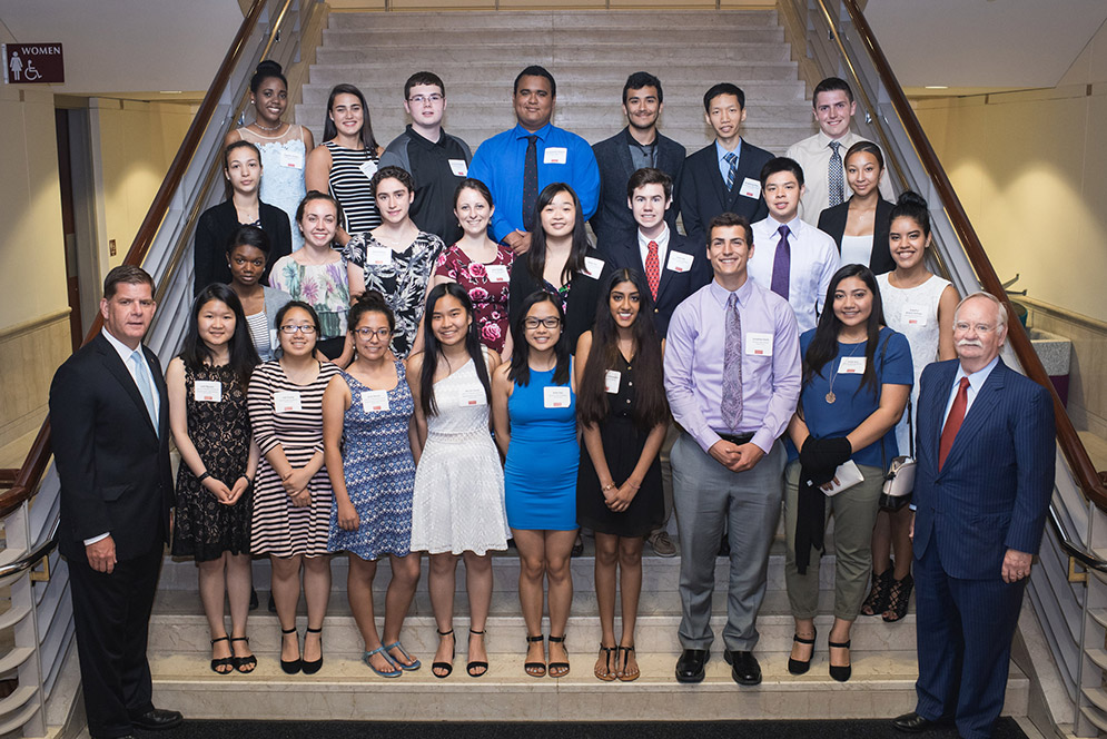 Mayor Walsh and Robert A. Brown with BPS scholars