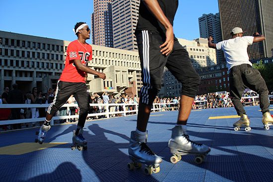 Roller skaters in City Hall Plaza