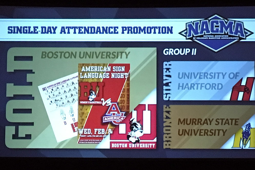Screen showing BU's gold medal for single-day attendance promotion category