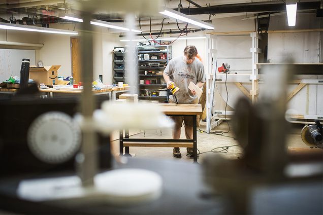 A Boston University student constructs a new space at the Engineering Product Innovation Center
