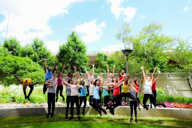 Reach troupe jumping in group shot