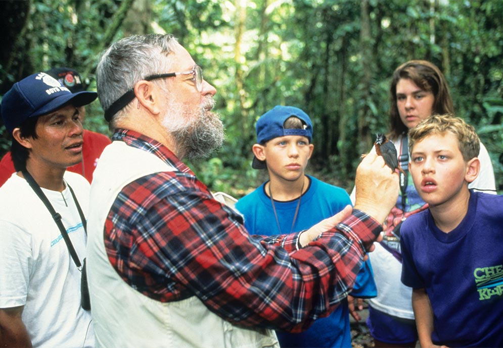 Ornithologist Ted Davis conducts a bird workshop at the Amazon Center for Environmental Education and Research in Peru