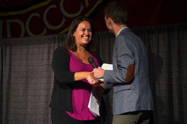 Boston city councilor-at-large, Annissa Essaibi George shaking hands with FYSOP coordinator Tyler Armey