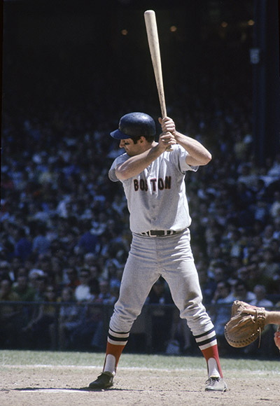 Outfielder Carl Yastrzemski #8 of the Boston Red Sox stands at the plate ready to hit during a MLB baseball game circa 1960s