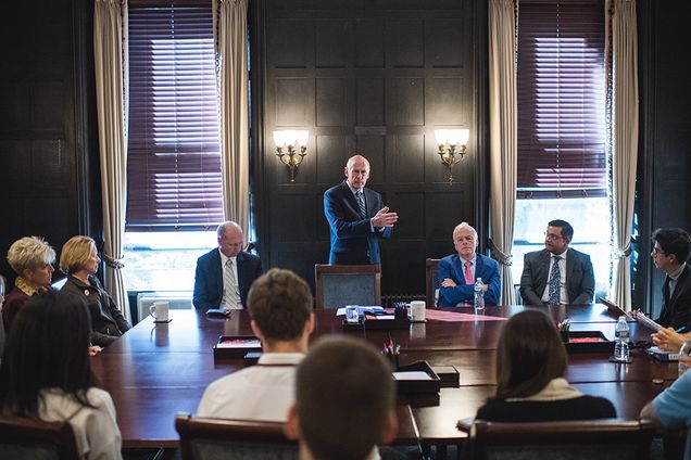 Daniel Coats, key intelligence advisor to President Donald Trump, speaking with students at BU’s Frederick S. Pardee School of Global Studies