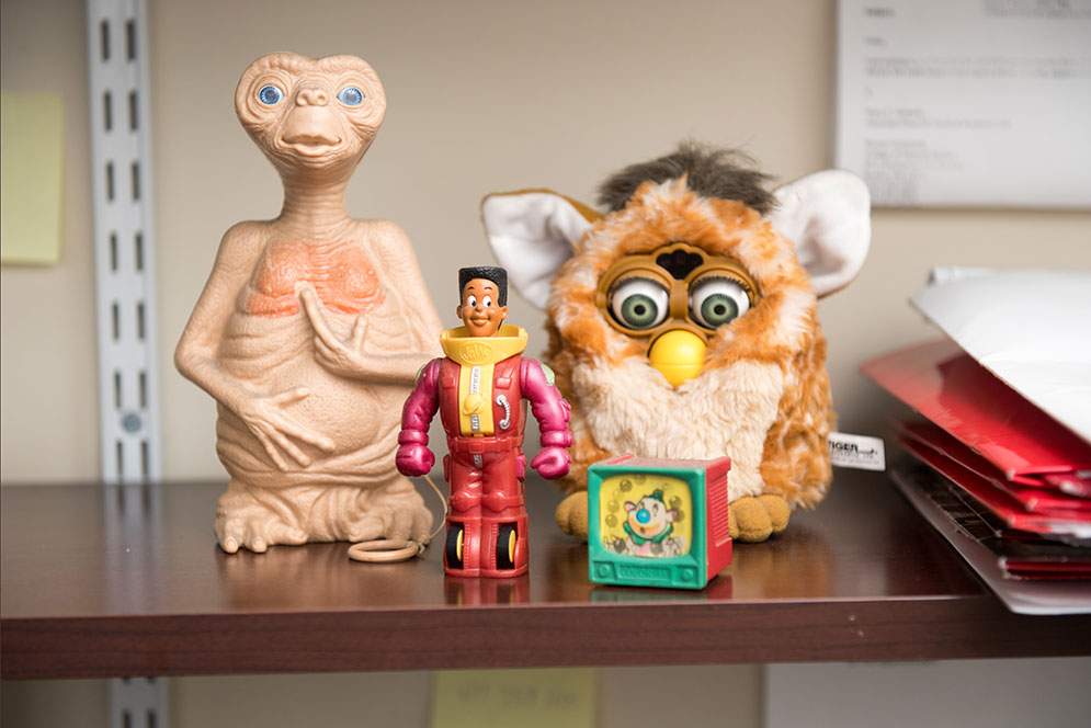 Toys and action figures displayed in the office of Boston University College of General Studies advisor, Louis Mayhew