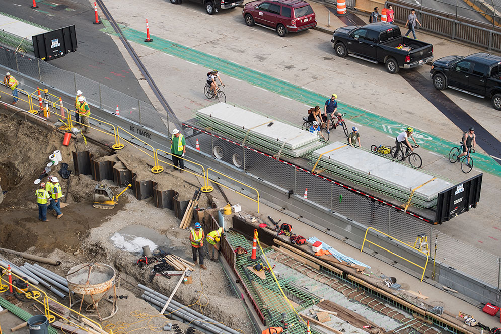 Aerial view of construction workers on commonwealth ave