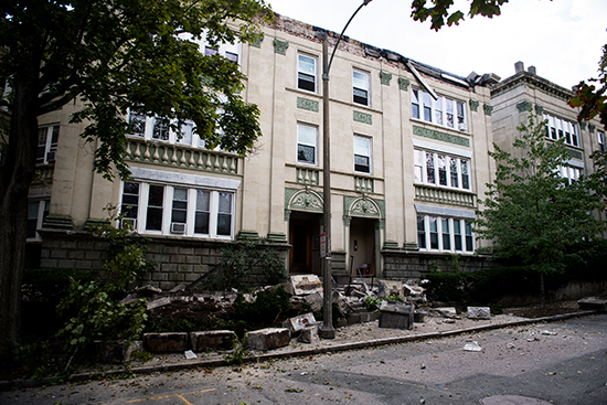 Partially collapsed building at 68 Egmont Street, Brookline