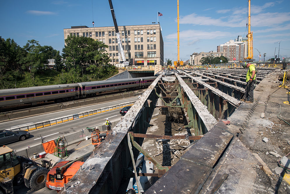 Linear view of bridge construction over the commuter rail line