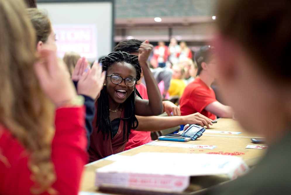 Korede Yoloye (CAS ’19) celebrates winning the first bingo of the night