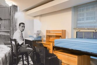 Myles Standish gets a facelift. Superimposed image of a student from over 15 years ago on top of a photo of a recently refurbished room.