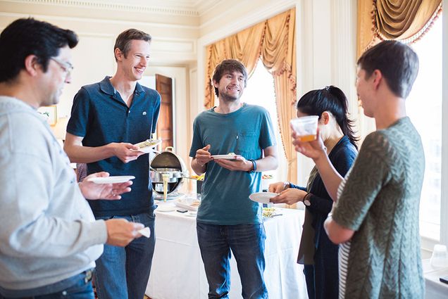 Post Docs (left to right) Scott Bressler, Holger Dannenberg, Zoran Tiganj, Sung-Joo Lim and Abigail Noyce mingle at the Metcalf Ballroom during Post Doc Appreciation Day on Monday , September 11, 2017  Photo by Jackie Ricciardi 