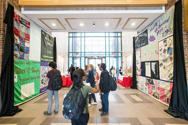 Two panels of the NAMES Project AIDS Memorial Quilt on display at the Boston University School of Medicine