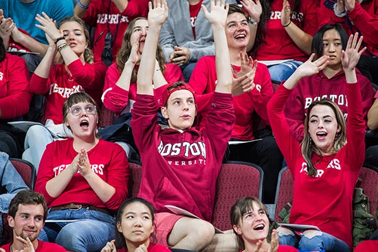 Incoming students of the Boston University class of 2021 react during the matriculation cermony at Agganis Arena