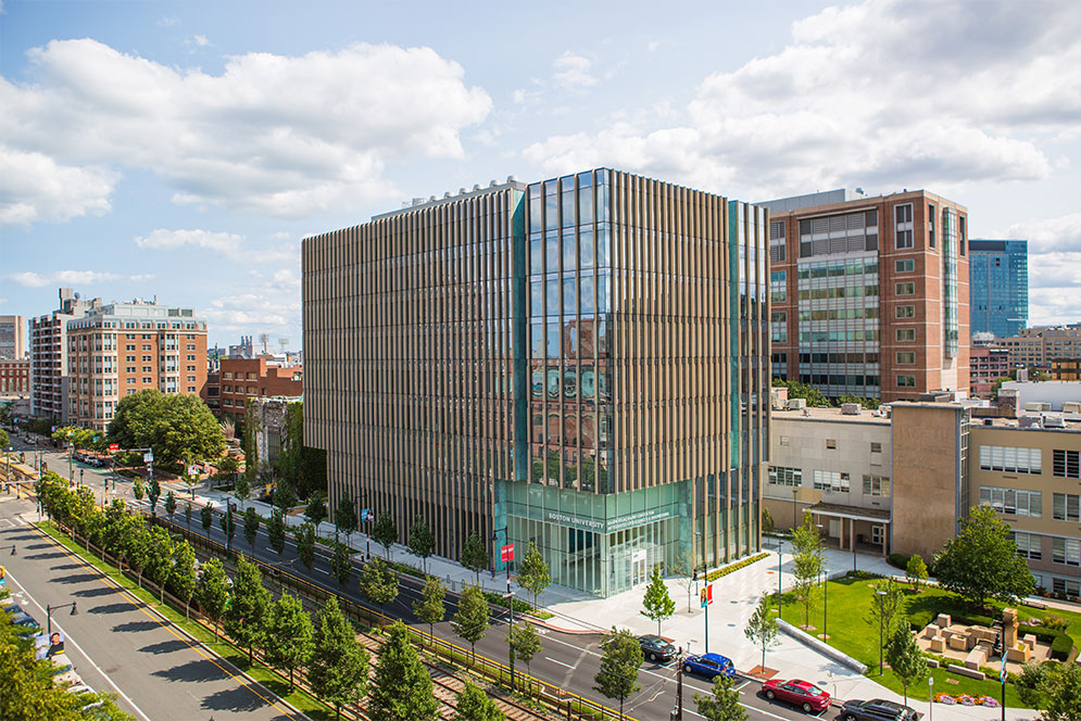 Aerial photo of the Rajen Kilachand Center for Integrated Life Sciences & Engineering science building at Boston University