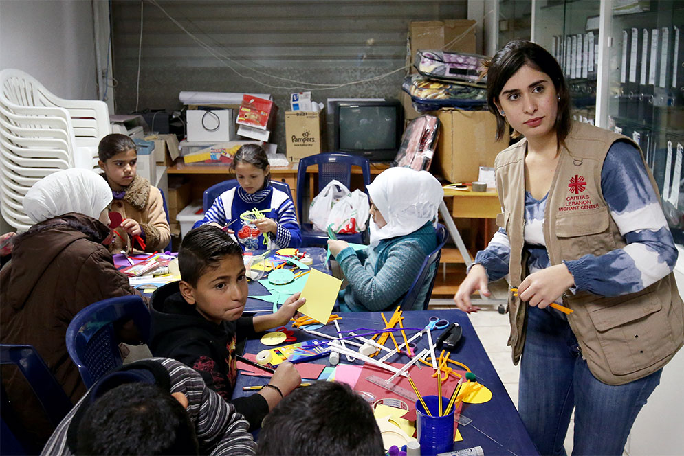 Psychologist Lina Zaarour runs an art therapy class for Syrian refugee children