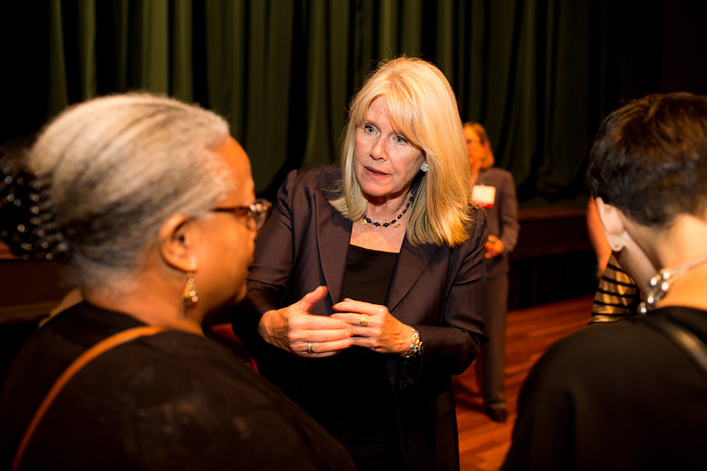 Tipper Gore (CAS'70), center, chats with BU alumni Connie Forbes (CAS'14) regarding Gore's advocacy work during Alumni Weekend 2017