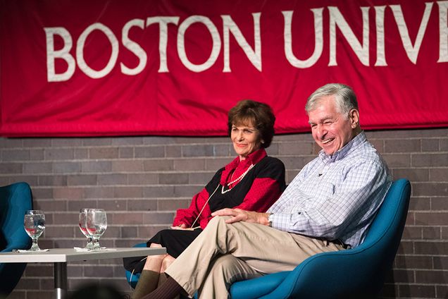  "Reflections on Public Service: An Evening with Michael and Kitty Dukakis at the Mecalf Ballroom October 29, 2017. The former Massachusetts governor discussed public service and forecast the future of American politics while his wife Kitty (COM'82, SSW'96) talked about her experience and promotion of electro-convulsive therapy in treating depression.   Photo by Cydney Scott