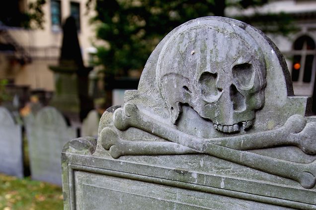 Skull and Crossbones atop a gravestone at King's Chapel Burying Ground in Boston, MA