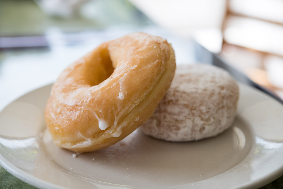 Two fresh made donuts from Twin Donuts in Allston, MA