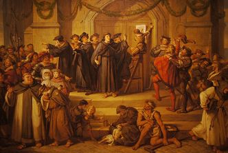 The Attachment of Luther’s 95 Theses painting by Julius Hubner, which depicts the opening salvo of the Protestant Reformation