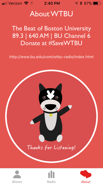 Screenshot of the Boston University radio station WTBU smarphone app